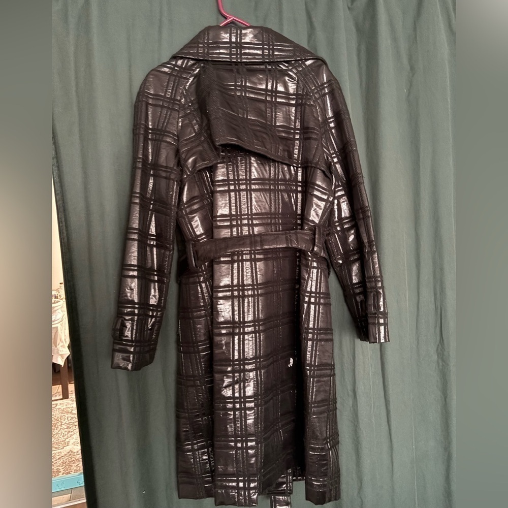 MICHAEL Michael Kors Shiny Black Checkered Trench Coat - Picture 2 of 9